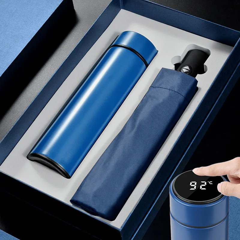Company opening anniversary event gift LED thermos umbrella set business men gift set with logo