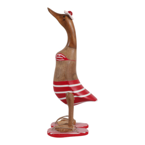 Statuetta di anatra in legno con bikini, a righe rosse e bianche, scultura decorativa per la casa, il bagno, l'ufficio, il soggiorno. - Product Image 4
