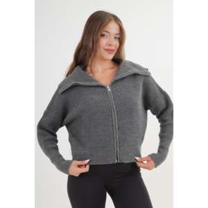 Cárdigan de punto antracita para mujer con cuello con cremallera, estilo casual, antipilling, a la moda y sencillo. - Product Image 4