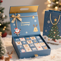 Boîte de calendrier de l'avent de Noël personnalisée avec logo, bleu clair, ruban beige, nœud, imprimé Père Noël et rennes, 24 compartiments, boîte cadeau rigide pour compte à rebours de Noël