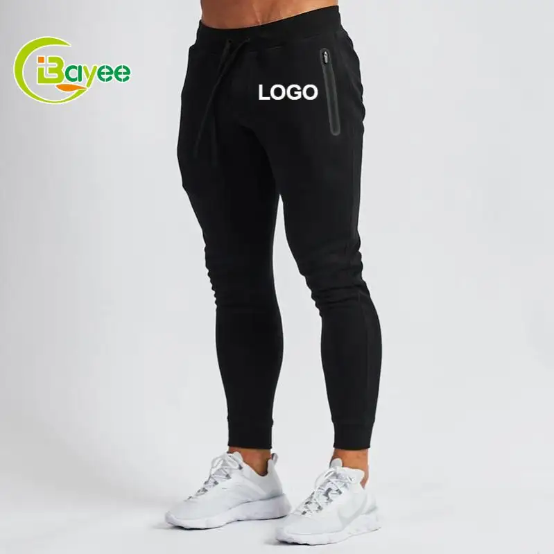 Custom Men's Narrow Foot Fitness Jogging Pant Drawstring Cotton Running Sports Gym Jogger Pants With Side Zipper Pocket