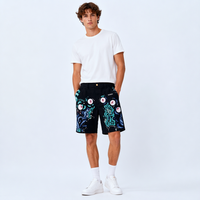 Shorts en jean noir épais DiZNEW Art avec broderie 3D motif œil et vague, détails lettres, boutons et éclaboussures blanches, unisexe, personnalisable OEM