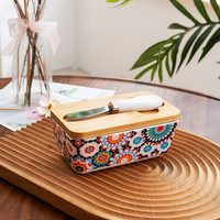 Mantequillera de Cerámica Rústica Creativa con Tapa de Madera Pintada a Mano, Hermética, Estilo Vintage para Cocina