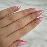Prêt à expédier 30 pièces de faux ongles à presser roses à carreaux, style French manucure, longs, forme amande, réutilisables, vente en gros