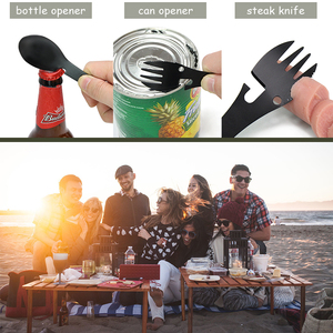 Thép Không Gỉ Matte Đen Cắm Trại Ngoài Trời Đa Chức Năng Spork Bộ Dao Kéo Du Lịch - Product Image 5