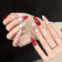 Faux Ongles Longs Ovales à Presser Faits Main de Qualité Supérieure, en Acrylique Rouge Rose Personnalisé, avec Fleurs 3D, Nœuds, Croix et Étoiles en Strass, Vente en Gros