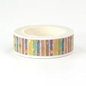 Manzawa 15mm x 10m CMYK Foil Vertical Stripes and Heart Washi Tape