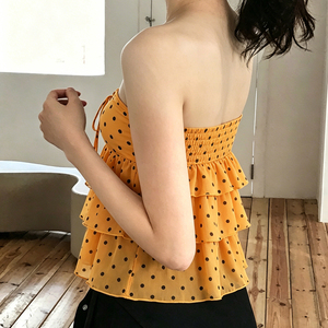 Vacation Style Short Chiffon Polka Dot Print Sexy Backless <b>Tie</b> with Ribbons Padded Women's Bandeau Top - Product Image 6