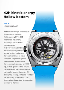 Montre pour homme BG8601-A, montre mécanique automatique squelette allemande, boîtier en acier inoxydable tendance, bracelet en caoutchouc - Product Image 5