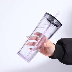 Wholesale <strong>Bulk</strong> 24 oz Reusable Boba Cup <strong>Double</strong> <strong>Wall</strong> <strong>Clear</strong> Insulated Bubble Tea Cup <strong>Plastic</strong> Acrylic Snow Globe <strong>Tumbler</strong> with Straw - Product Image 2