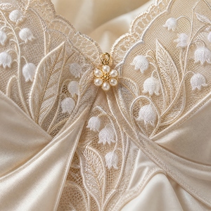 Ensemble soutien-gorge à armatures 3/4 et culotte taille haute en dentelle de muguet ivoire champagne avec pendentif perle, lingerie de mariée française - Product Image 5