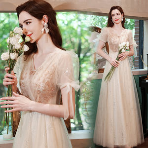 Nouveaux styles 2026, nouvelle conception 2021, robe de soirée élégante à manches bouffantes courtes, applique en dentelle organza, robe longue évasée de couleur champagne, style féerique, coupe ajustée - Product Image 1