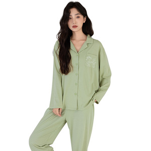 Conjunto de Pijama de Algodón Modal Lenzing ODM para Mujer, Estilo Chino Nuevo, Cárdigan de Manga Larga con Solapa, Cuello Redondo, Ropa para el Hogar - Product Image 1