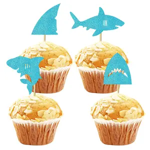 キラキラシャークカップケーキトッパーシャークフィンカップケーキトッパーサメをテーマにしたパーティー用品装飾ベビーシャワーの誕生日の好意。