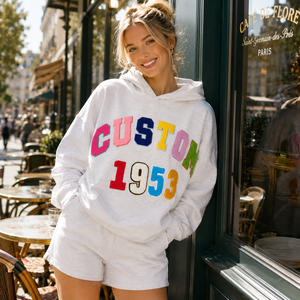 Conjunto de Sudadera <span class=keywords><strong>con</strong></span> Capucha y Pantalones Cortos Extra Grandes para Mujer, 100% Algodón <span class=keywords><strong>con</strong></span> Parches de Letras de Chenilla, Chándal Informal de 2 Piezas - Product Image 3