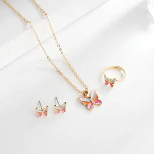 Girls' Designer Fashion Jewelry Set Gold-Plated Zinc Alloy Enamel Butterfly Earring Necklace Rings For Kids' Gifts