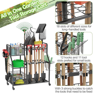 Robuster Metall-Garagenorganizer-Wagen, Rollender Gartenwerkzeug-Aufbewahrungsständer mit Rädern für Schaufeln, Kärrchen und Gartengeräte - Product Image 5