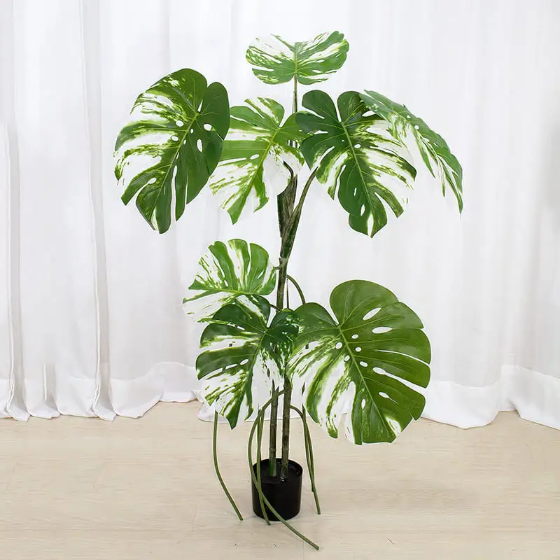 Senmasine Custom Green Fake Tree Silk White Deliciosa Leave Artificial Monstera Plant para decoración de interiores
