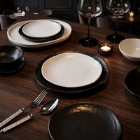 Service de table en céramique et porcelaine ST Marbre Noir et Blanc avec glaçure réactive – Assiettes et bols à salade pour la maison et l'hôtellerie – Résistant aux rayures