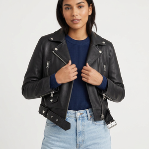 Veste moto en cuir véritable pour femme, noire, manches longues, fermeture éclair, col rabattu, couleur unie, style automne - Product Image 1