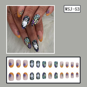 Halloween estilo lindo Prensa en <span class=keywords><strong>uñas</strong></span> postizas <span class=keywords><strong>amarillo</strong></span> francés fantasma calavera flor <span class=keywords><strong>diseño</strong></span> corto cuadrado <span class=keywords><strong>amarillo</strong></span> <span class=keywords><strong>uñas</strong></span> artificiales - Product Image 5