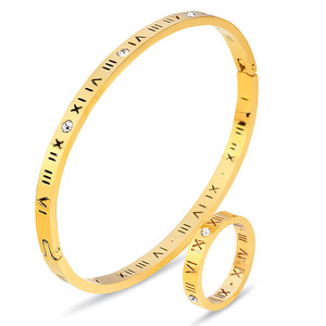Ensemble bracelet et bague en acier inoxydable avec chiffres romains et incrustation de diamants, bijoux unisexes, coffret cadeau - Product Image 2