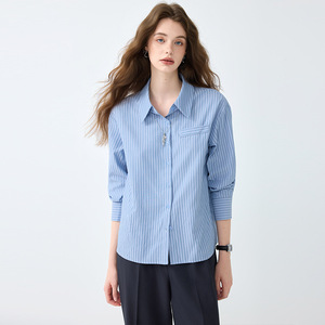 Women's Blue Striped Shirt Long Sleeve Poplin Casual Blouse For Commuting Spring Autumn Elegant Inner Layer Top - Product Image 2