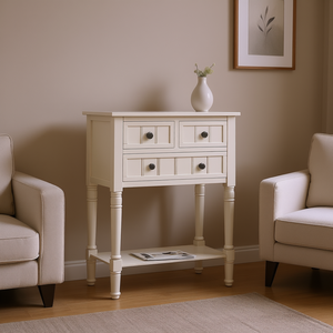 Ivory White Three <b>Drawer</b> <b>Slim</b> <b>Console</b> <b>Table</b> <b>With</b> Bottom Shelf Living Room Furniture - Product Image 2