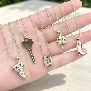 Collares con dijes de oro pequeños y delicados, cadena tipo caja, colgante de bota vaquera, zapatilla, llave, trébol y amuleto de buena suerte para mujer, regalo - Product Image 5