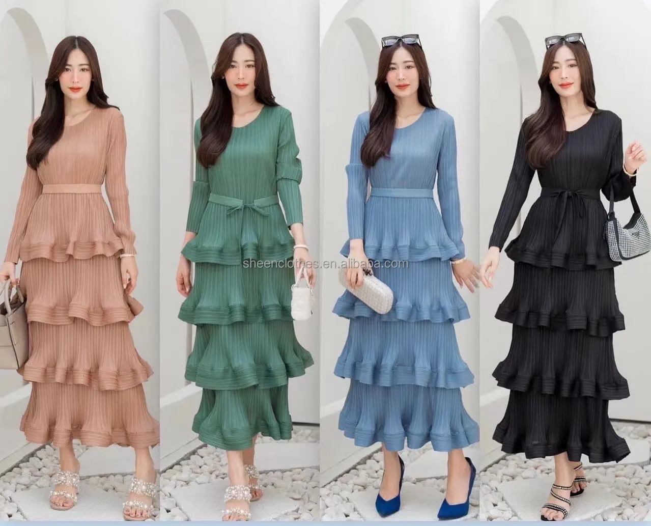 New Arrivals Vestidos De Fiesta Largos Elegantes Korean Fashion Pleated Ruffle Dress Long Sleeve Ladies Long Dresses Women