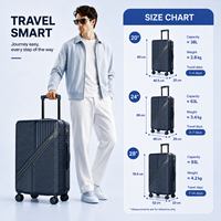 Ensemble de bagages élégants bleu marine en polycarbonate avec rayures diagonales, accent doré, serrure TSA et roues pivotantes à 360°, tailles 20, 24, 28 pouces, pour personnalisation de marque - Vente en gros