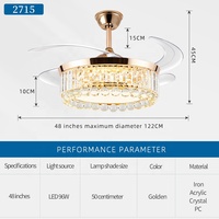 Kipas Angin Plafon LED Kristal Tak Terlihat Retraktil Emas Kontrol Jarak Jauh/Dinding DC BLDC Modern Nordik 48 Inci CRI Tinggi