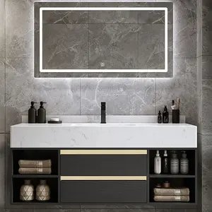 Ensemble de vanité de salle de bains flottante chaude moderne avec évier en céramique simple 2 tiroirs et étagères ouvertes
