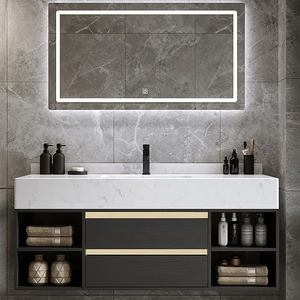Ensemble <span class=keywords><strong>de</strong></span> vanité <span class=keywords><strong>de</strong></span> salle <span class=keywords><strong>de</strong></span> bains flottante chaude moderne avec évier en céramique simple 2 tiroirs et étagères ouvertes - Product Image 1