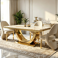 Ensemble de table à manger moderne de luxe avec plateau en marbre et base en acier inoxydable doré, chaises de salle à manger en velours pour la maison, l'hôtel ou la villa