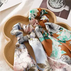 Paisley lụa tóc khăn scrunchies, Ribbon Bow scrunchie với đuôi, hoa in tóc Ribbon quan hệ