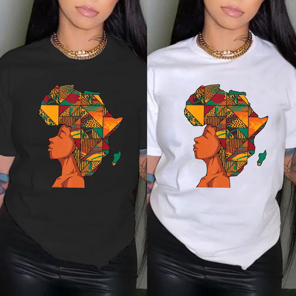 Sportswear Ladies Summer Africa Map Avatar Women's Clothing Casual Round Neck Pullover Printed T-shirt