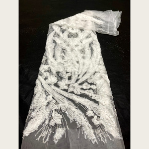 Tissu en dentelle de <span class=keywords><strong>tulle</strong></span> brodé de fleurs 3D blanches G3663 avec perles et paillettes pour robes de mariée, robes de soirée, couture nuptiale - Product Image 1