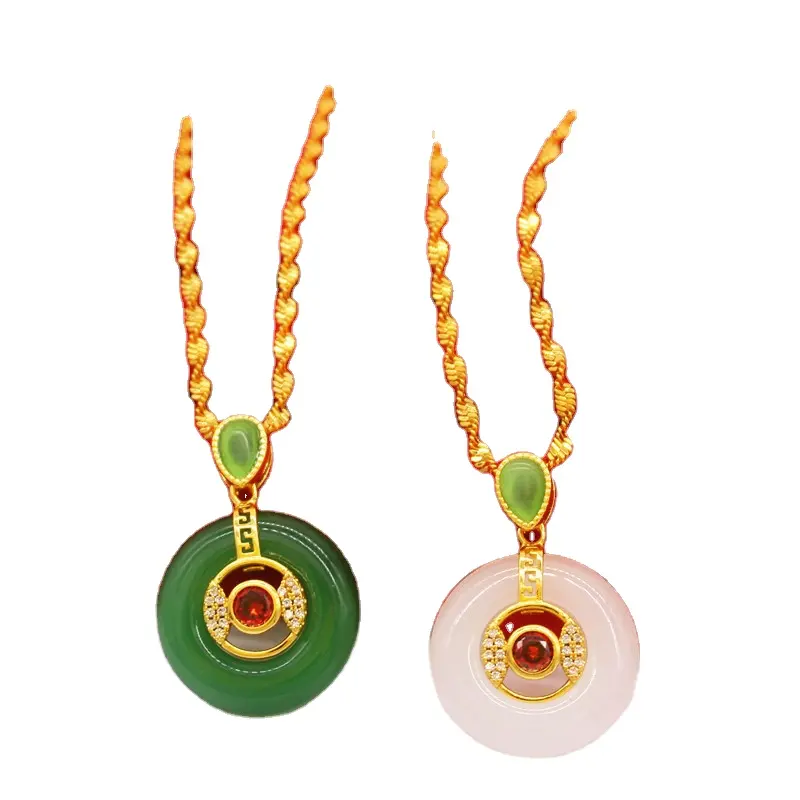 Pingente de jade incrustado dourado do vietnã, fivela gemstone, colar chalcedônio, estilo étnico, corrente, clavícula, joias