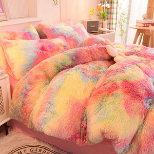 Home Rainbow Color Faux Fur Velvet <strong>Fluffy</strong> Plush Velvet Bedding Set 4-Piece King Size Warm <strong>Bed</strong> Sheet <strong>Cover</strong> for Hotels - Product Image 4
