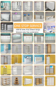 מערכת מדפים מודולרית של בית מרקחת עם מגירות אחסון נשלפות ומחלקי אקריליק מלוכסנים מדפי תצוגה למשטח עבודה רפואי - Product Image 6