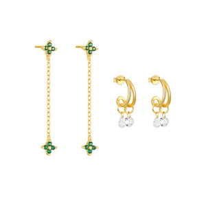 Boucles d'oreilles pendantes de créateur en argent sterling S925 plaqué or, motif trèfle, fleur, pompon et goutte d'eau en oxyde de zirconium pour femme - Product Image 1