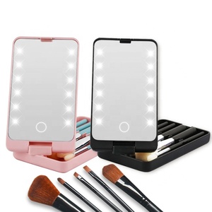 Promotional LED Makeup Mirror with 5-Piece Mini Travel Makeup Brush Touch Screen Battery Powered 360 Degree Rotation Led Mirror