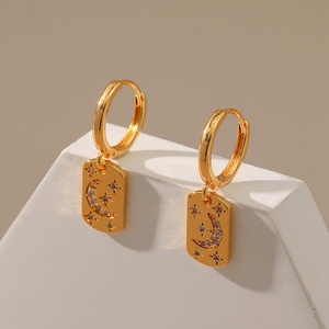 Geometric Rectangle Diamond <b>Moon</b> Huggie Hoop Earrings Cubic Zirconia & Goldtone Celestial Rectangle Drop Earrings - Product Image 2