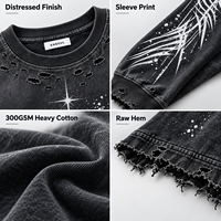 T-shirt Homme Personnalisé Vintage Délavé Effet Usé Manches Longues Imprimé Trous Déchirés Col Rond Coton Épais Coupe Oversize Streetwear