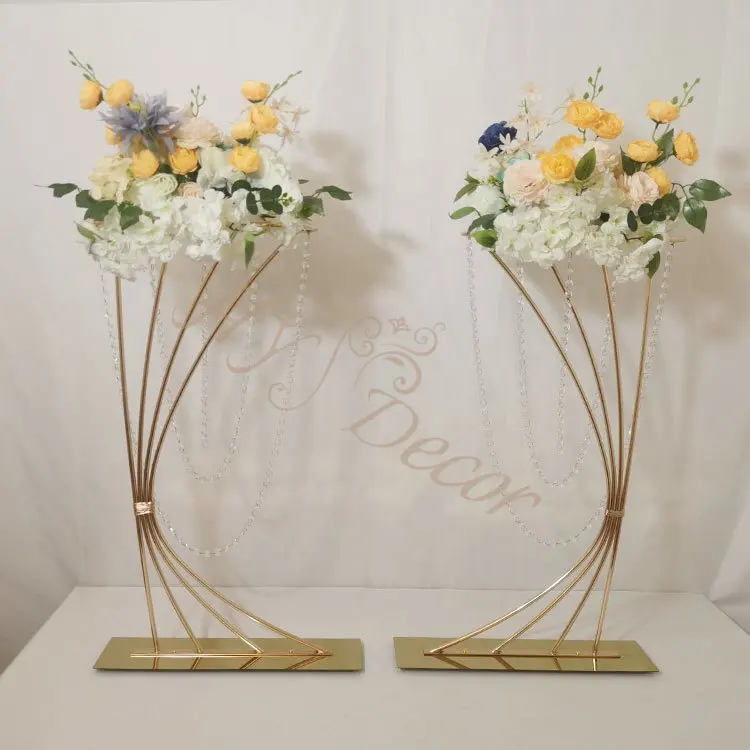 HY tirai manik-manik emas perak, vas akrilik logam tinggi dekorasi tengah meja pernikahan untuk acara pernikahan