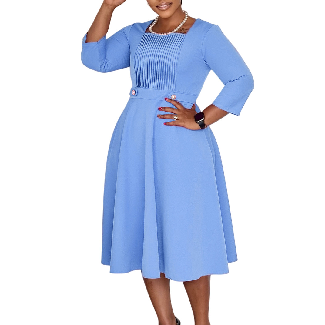 Trendy Church Dresses Women Casual Elegant Long Sleeve Square Collar  Pleated Office Lady Dress Dresses for Women| Alibaba.com