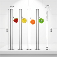 Pailles en verre réutilisables écologiques de 14 mm de diamètre, série été, motif fruits mignons, tube droit épais pour thé au lait et boba
