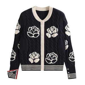 Women's Rose Intarsia Cable Knit <b>Cardigan</b> Slim Fit Floral Print Outerwear - Product Image 4