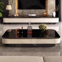Ensemble Meuble TV et Table Basse en Pierre Microcristalline Moderne Luxe Léger, Fixation Murale ou sur Pied, pour Salon d'Appartement